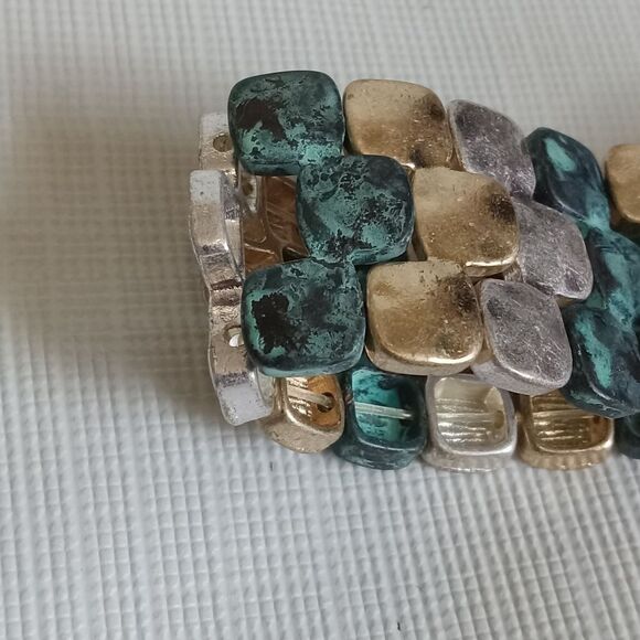 Gold & Silver Toned Patina Green Mosaic Metal Squares Stretchy Elastic Bracelet - Picture 4 of 8
